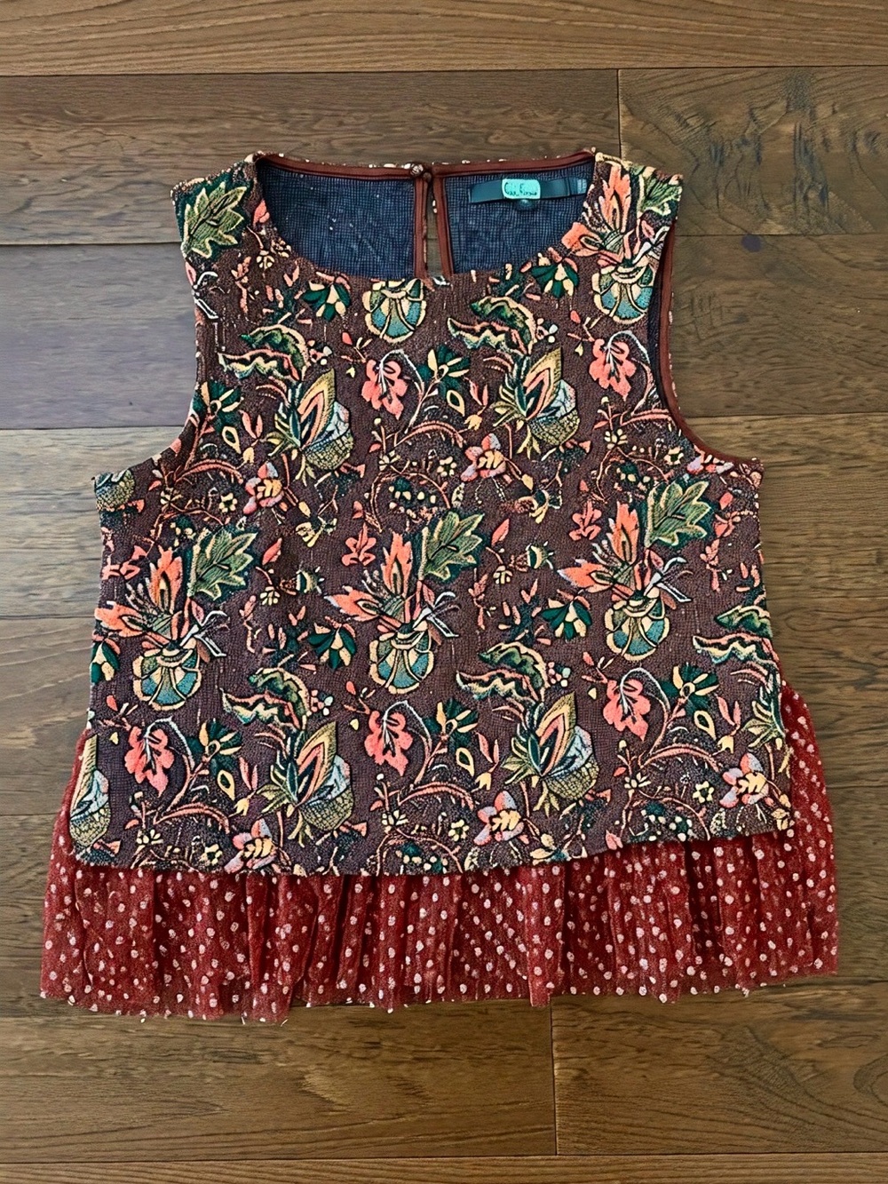 Eva Franco Jacquard Sleeveless Top with Tulle Brown Motif Size Small